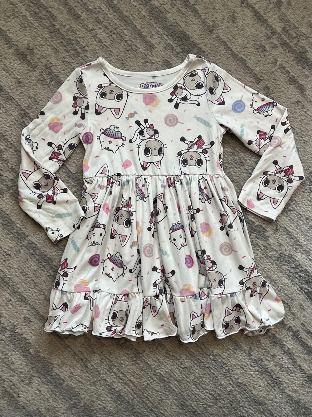 Girls' White & Pink Cartoon Print Long-Sleeve Dress - Cozy Casual